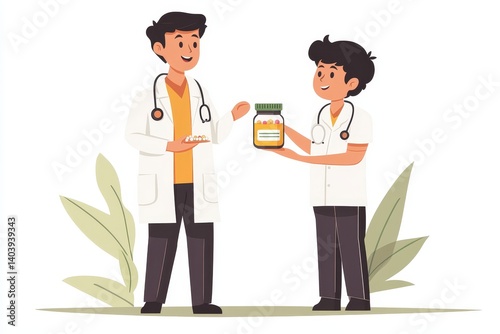 Medical appointment. Male doctor pediatrician recommend medication treatment for kid and give jar with pills, Generative AI