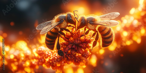 Two fuzzy bees face each other on a red flower bokeh backdrop