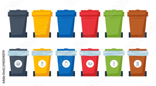 Waste management. Recycle bins for trash separation. Colorful containers for mixed, plastic, metal, paper, glass, organic garbage. Rubbish segregation concept. Isolated cartoon or flat vector objects.