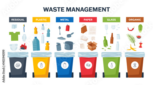 Waste management. Recycle bins with separated trash. Mixed, plastic, metal, paper, glass, organic garbage in colorful containers. Rubbish segregation concept. Isolated cartoon or flat vector objects.
