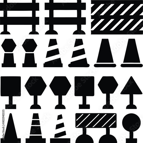 Traffic Silhouette Icons Set – Road Signs, Cones, Barriers Clipart Collection