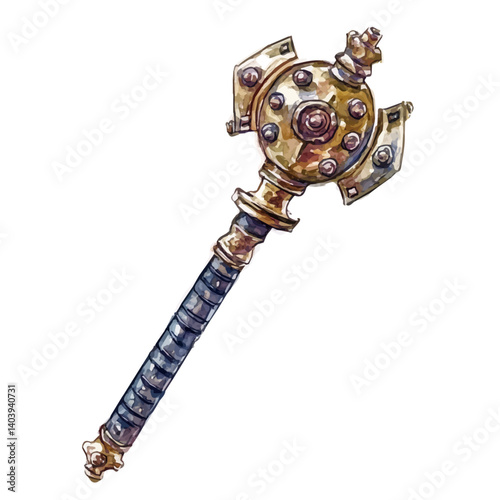 Crusaderas Mace With Iron Studs, watercolor vector, isolated on a white background.