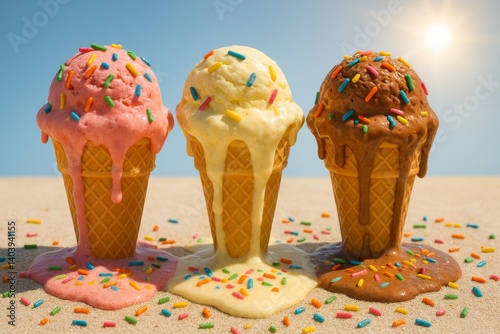 Colorful Ice Cream Cones Melting Under Bright Sun at Beachside in Summer