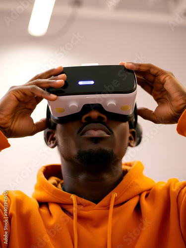 A young African American man dons a VR headset, immersing himself in the virtual metaverse photo