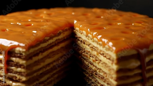 Delicious Layered Cake with Caramel Drizzle Close Up Food Photography
