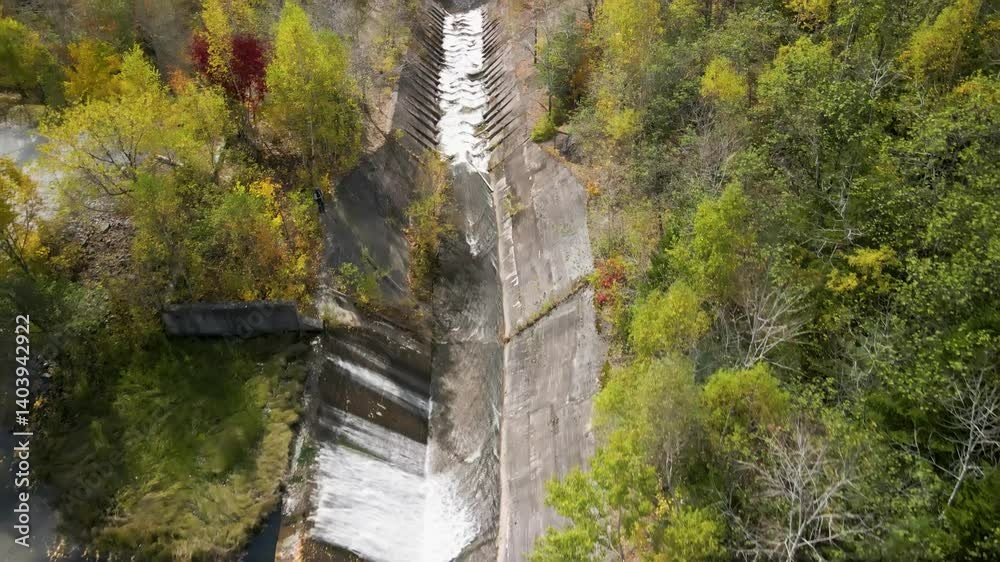 Spillway in autumn landscape. An aerial view of a spillway surrounded by a vibrant autumn forest. Water flows from the lake, cascading down concrete steps into the river, framed by colorful foliage.