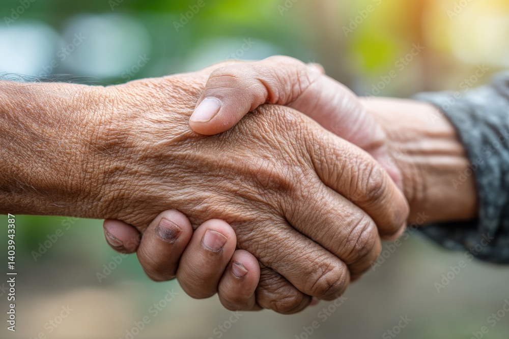 Fototapeta premium Close-up shot depicting a firm handshake between two individuals, symbolizing trust and connection, set against a blurred natural background with warm sunlight.