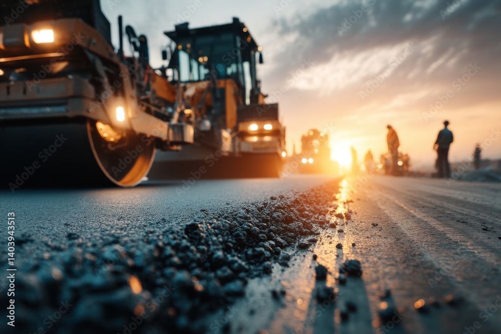 A close-up of a construction site with heavy machinery working at sunset, showing new asphalt, construction workers and a golden sky with clouds. A close-up of a construction site with heavy machinery working at sunset, showing new asphalt, construction workers and a golden sky with clouds.