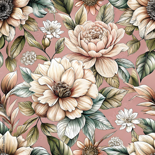 Blush Pink Floral Sketch Pattern on Soft Background new 2025 trendy seamless digital pattern print.