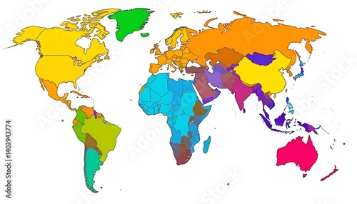 Colorful World Map Illustration Showing Continents and Regions Geographically