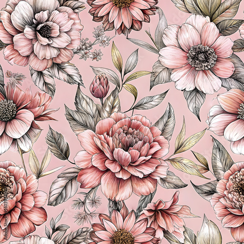 Blush Pink Floral Sketch Pattern on Soft Background new 2025 trendy seamless digital pattern print.