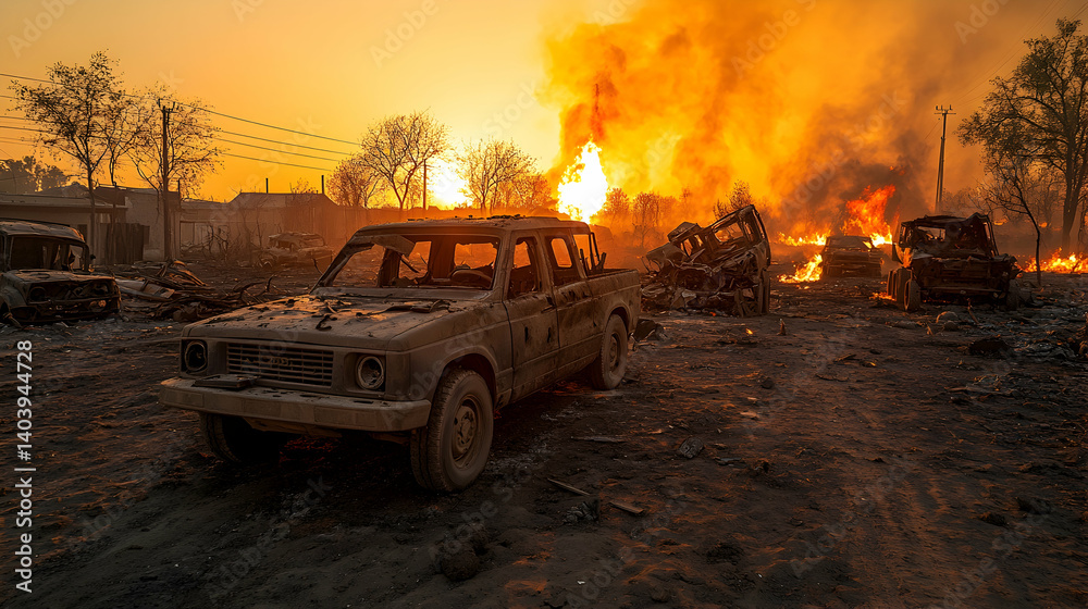 Obraz premium War-torn landscape; destruction; vehicles ablaze