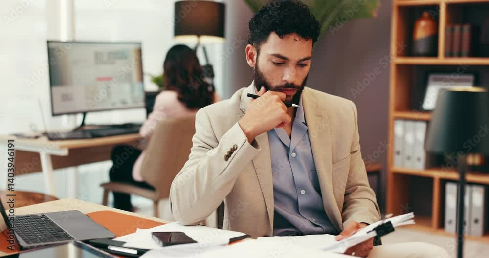 Businessman, lawyer and thinking with documents for legal advice, case or lawsuit at office desk. Man, thoughtful employee or attorney writing with paperwork for policy, regulations or testimonial