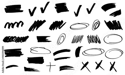 A set of black texture brushes on a white background. Hand-drawn sketches of doodles, brush strokes, frames, crosses and checkmarks. Abstract vector brushes made with pencil, marker, and acrylic.