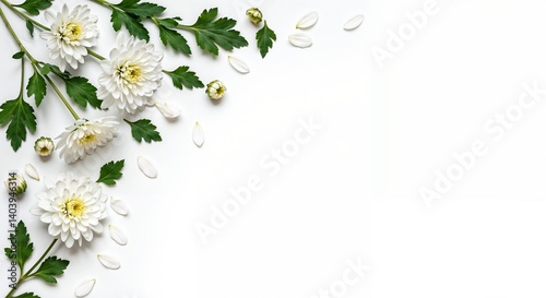 White chrysanthemums with green leaves on a light background  