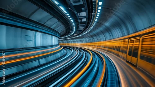 Fast subway train speeding through a curved tunnel with motion blur on a long exposure for transportation concept