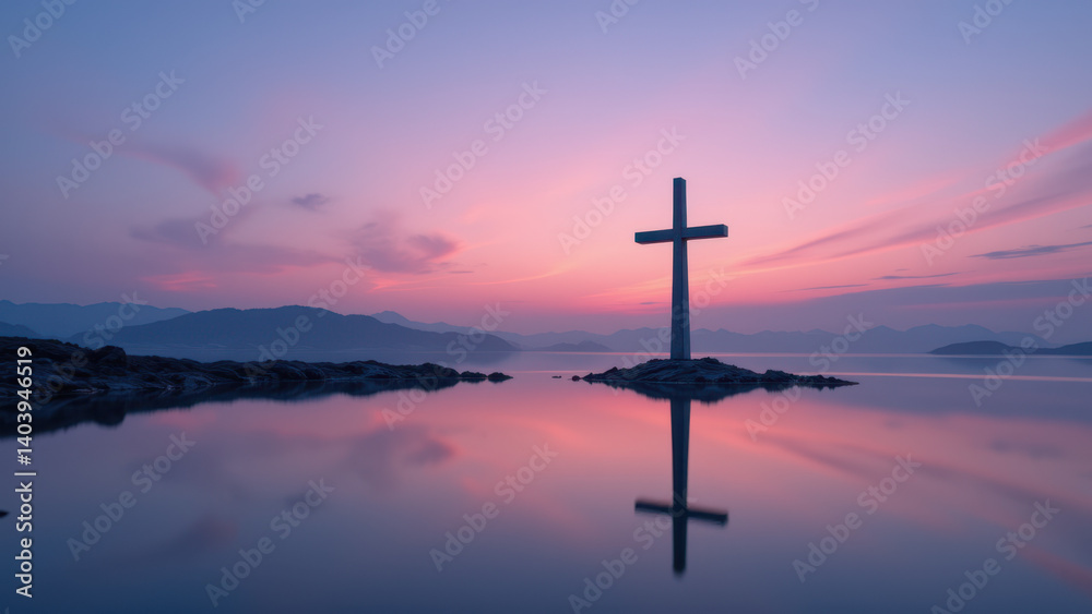 A tranquil lakeside sunset with a large cross on an island reflecting on still waters. A tranquil lakeside sunset with a large cross on an island reflecting on still waters.