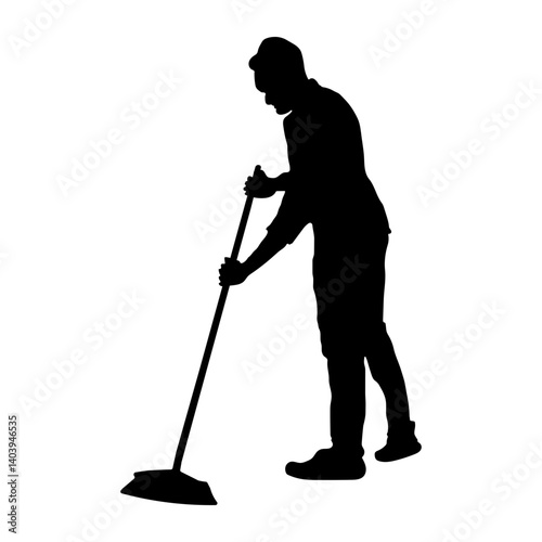 Silhouette of a person sweeping with a broom wearing a hat in a side view cleaning an area visible.  a smart young man washing the floor silhouette
