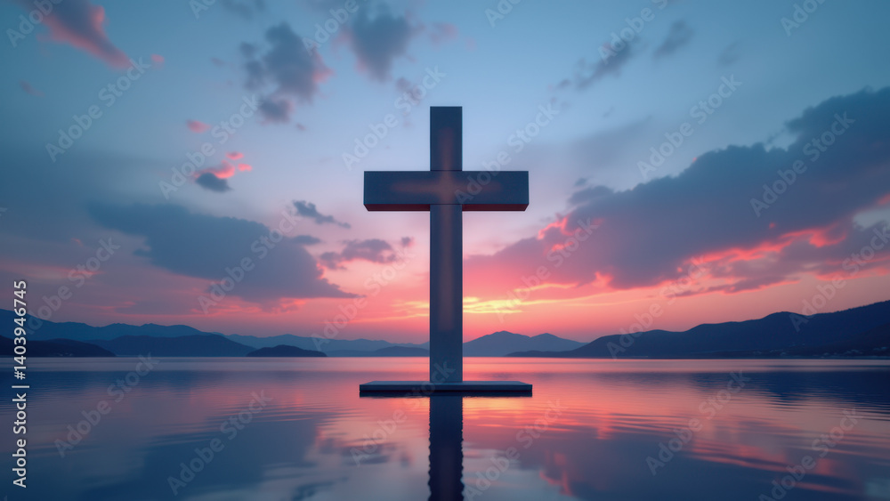 A tranquil seascape with a large wooden cross silhouetted against a vibrant sunset sky, embodying a sense of spirituality and faith. A tranquil seascape with a large wooden cross silhouetted against a vibrant sunset sky, embodying a sense of spirituality and faith.