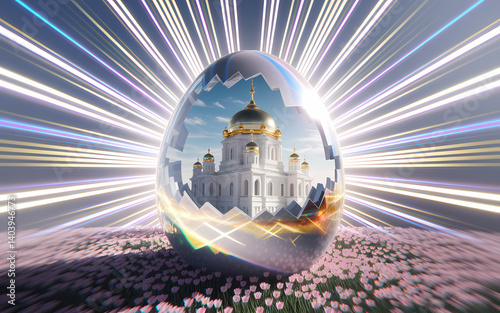 Decorative Easter egg with cathedral reflection and radiant light  