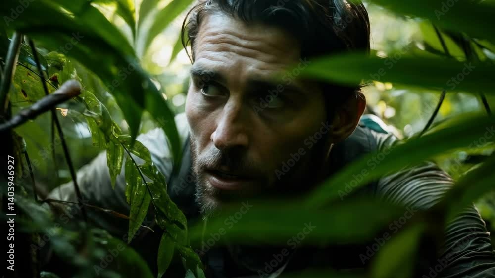 Man exploring dense jungle foliage with curious expression and cautious movement Man exploring dense jungle foliage with curious expression and cautious movement