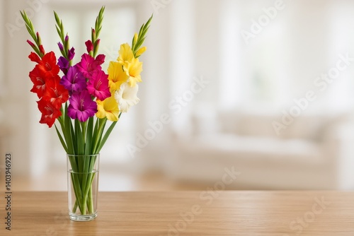 Colorful Bouquet of Gladiolus Flowers in a Vase on a Wooden Table in a Bright...