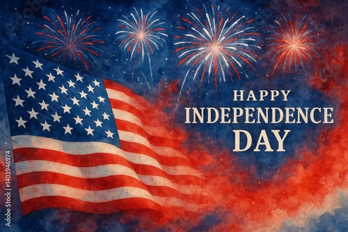 Celebrating Independence Day With Fireworks and an American Flag in Vibrant C...