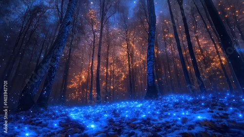 Enchanting night forest scene with glowing fireflies and mystical atmosphere.