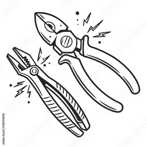 Bold outline icon of a plier and wire cutter with sparks flying