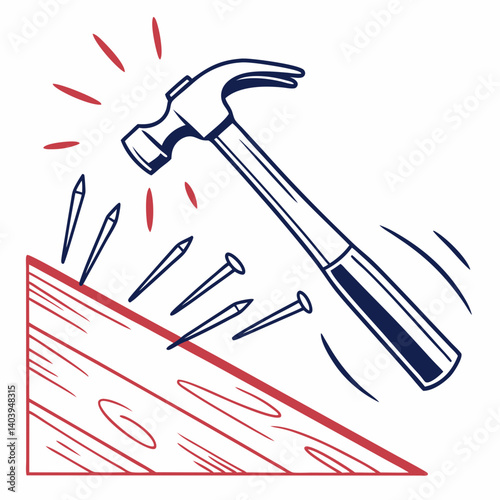 Icon of a hammer and nails in motion with dynamic shadows