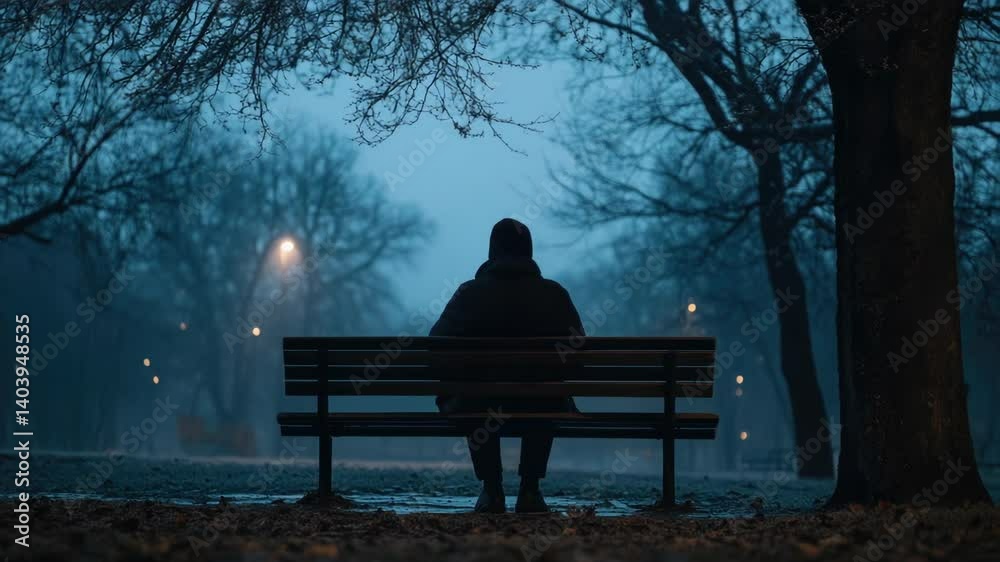 A person sits on a bench in a park at night, with surrounding scenery.