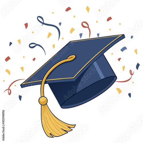 3D graduation cap icon with a golden tassel and sparkling confetti
