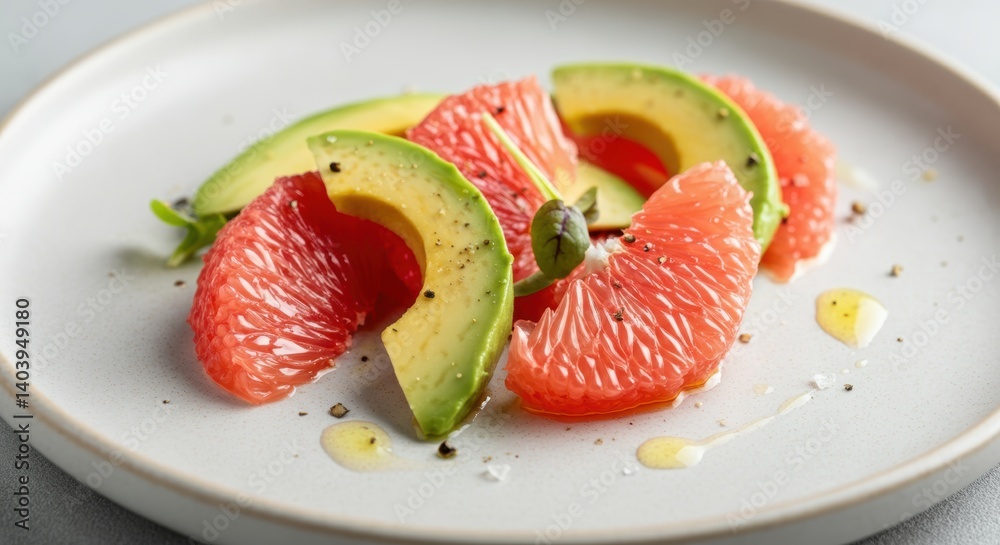 Fresh avocado and grapefruit salad on white plate with olive oil and pepper Fresh avocado and grapefruit salad on white plate with olive oil and pepper