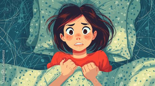 Scared child lying in bed illustration showing fear and emotional distress
