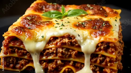 Serving Delicious Layered Lasagna with Melted Cheese on Plate
