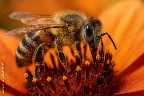 Close-up View of a Busy Bee Collecting Nectar From a Vibrant Orange Flower in...