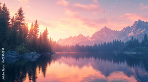 Fototapeta Naklejka Na Ścianę i Meble -  Serene sunset landscape with majestic mountains and calm lake reflections sky art pink pine view