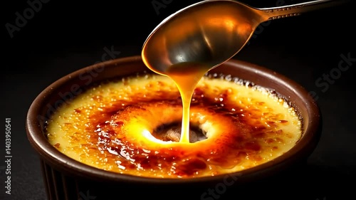Spoon Taking Bite from Delicious Creamy Dessert Close Up