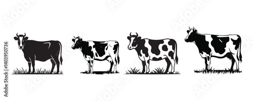 Cow Silhouettes in Black and White – Minimalist Farm Animal Vector Illustrations