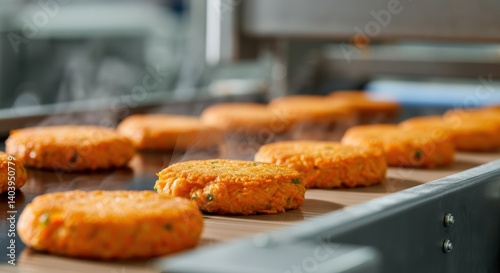 Production line of freshly prepared vegetarian falafel burgers in a manufacturing facility