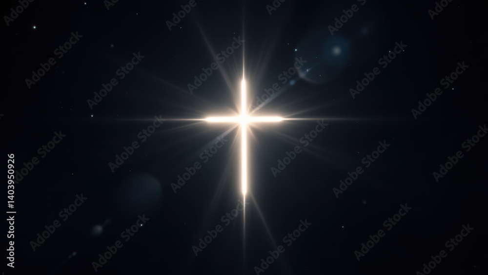 Bright star with a cross superimposed over a dark night sky filled with smaller stars. Bright star with a cross superimposed over a dark night sky filled with smaller stars.