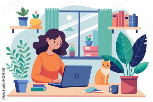 Flat vector illustration of a woman working from home with a cat on her lap, cozy interior, plants on windowsill, bright and soft colors, clean layout.