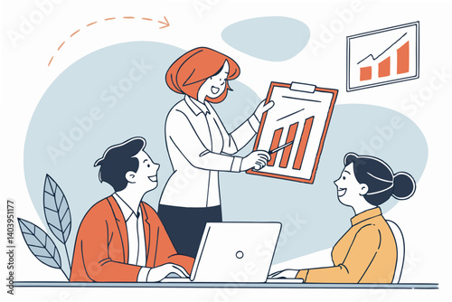 Flat design of an office scene with a manager presenting a chart to a small team, everyone engaged and smiling, soft blues and oranges, minimalist decor
