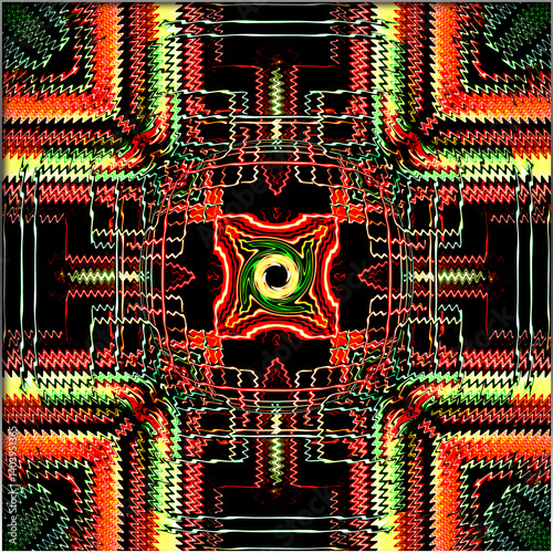 Zig zag patterns in neon red, green, and yellow create a mesmerizing kaleidoscopic effect centered around a swirling vortex. Vivid colors dominate, with intricate geometric shapes,  (Gen, A.I.)