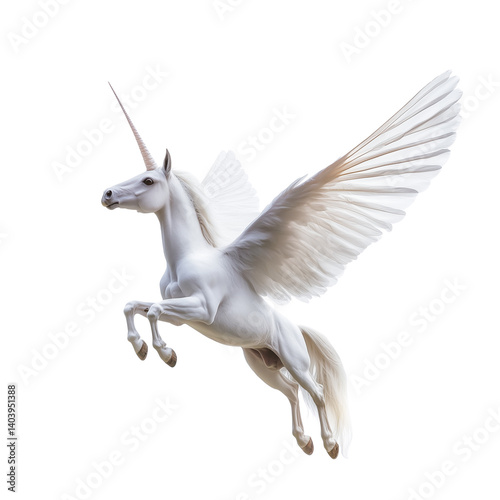 Close-up of a mystical unicorn in a forest, its wings adorned with an elegant arrow on transparent png background. Ai generated