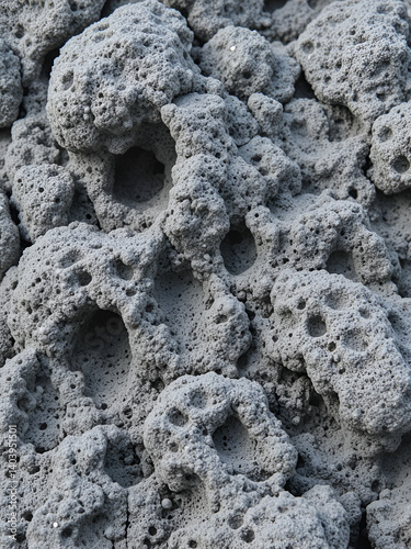 Volcanic stones. Spongy cellular loose airy porous stone material. Close-up rock near Meljine, Herceg Novi, Montenegro. Holes in solidified lava. Gray black rock of the Adriatic Mediterranean region. photo