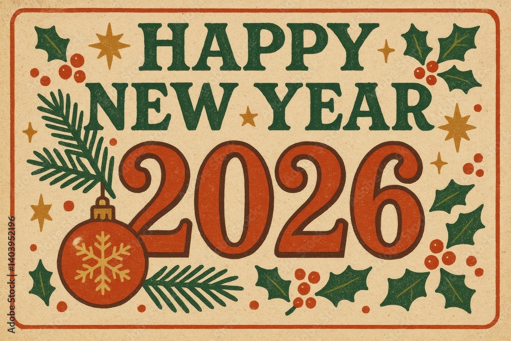 Fototapeta premium Festive New Year 2026 Greeting Card With Decorative Elements and Warm Colors