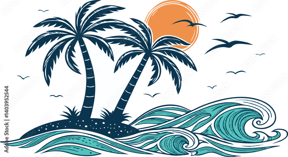 Fototapeta premium Tropical Beach Sunset Vector – Palm Trees, Ocean Waves, and Birds Illustration.eps