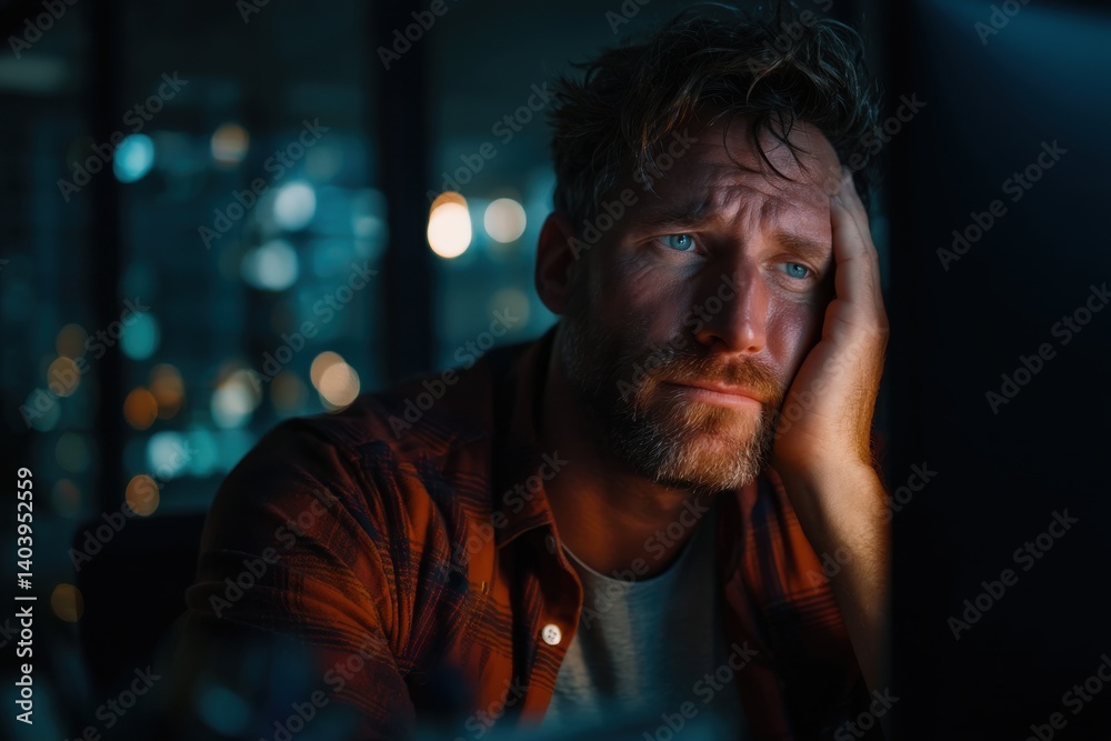 A frustrated man working late at night in a modern office with city lights, showing stress, exhaustion and burnout from pressure and deadline, looking tired. A frustrated man working late at night in a modern office with city lights, showing stress, exhaustion and burnout from pressure and deadline, looking tired.