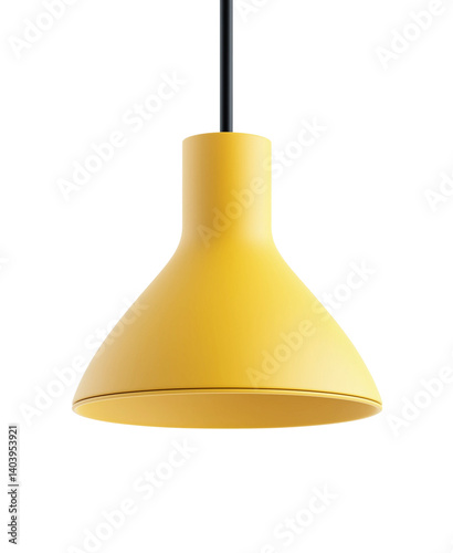 Modern yellow ceiling pendant light with minimalist design and smooth curved shape, hanging lamp for kitchen or dining room, isolated on transparent background